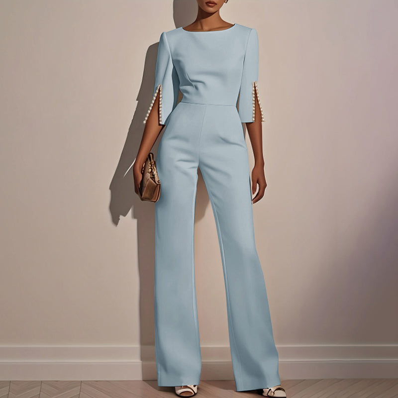 Women's Elegant Round Neck Jumpsuit - Mid-Sleeve With Side Slit Cuffs & Pearl Accents, Back Zipper Design For Casual To Formal Events