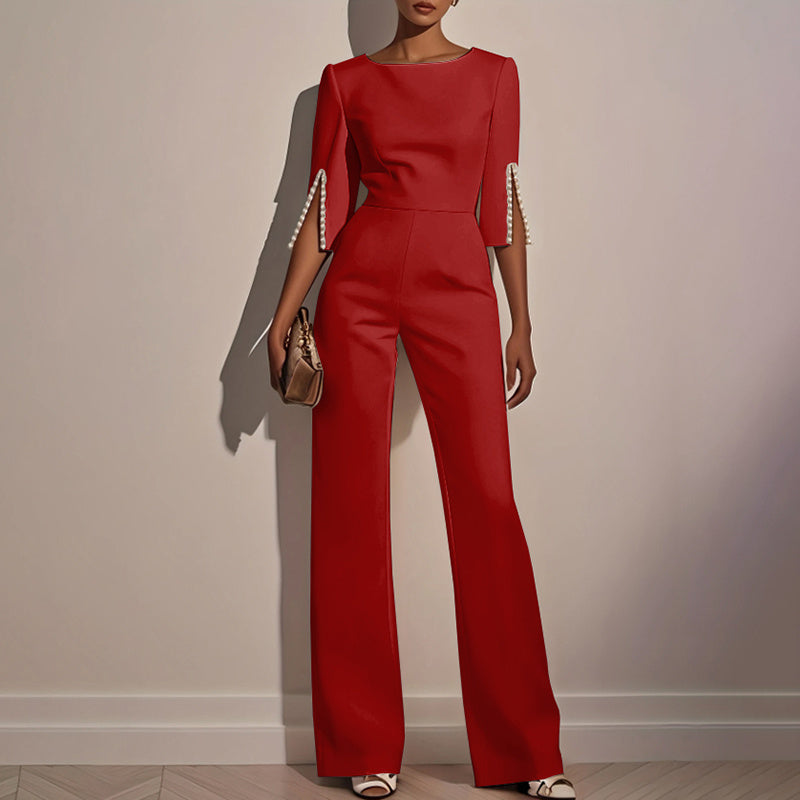 Women's Elegant Round Neck Jumpsuit - Mid-Sleeve With Side Slit Cuffs & Pearl Accents, Back Zipper Design For Casual To Formal Events