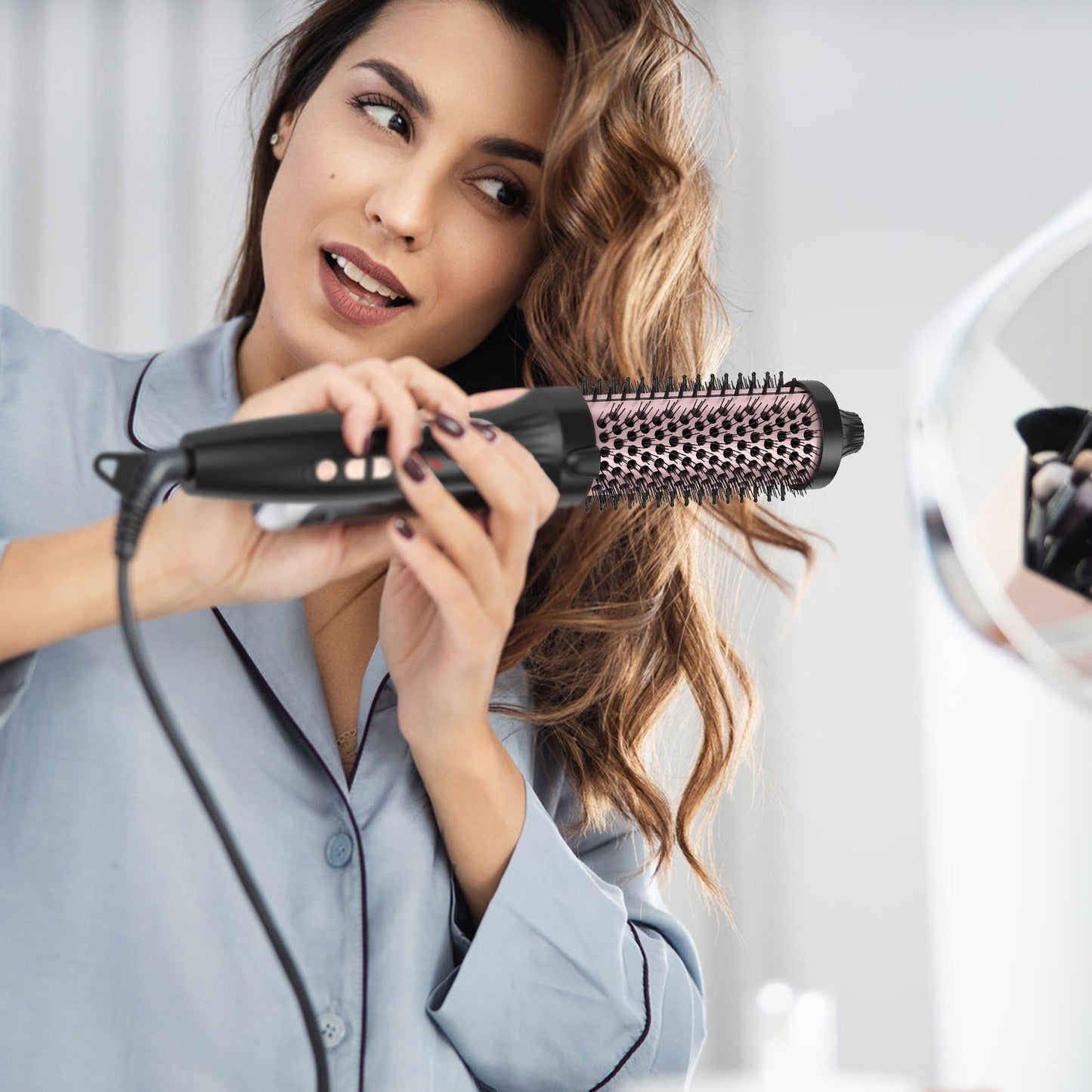 1Pc 3 In 1 Thermal Brush Hair Curler Brush Hair Curler Straightener With 10 Heating Levels 30S Fast Heating Fit For All Hair Types For Home Travel